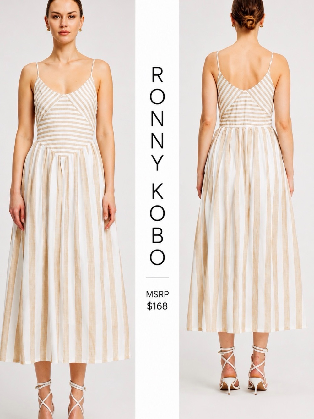 Ronny Kobo Collection Beige & White Striped Midi Sundress with Scoop Neck